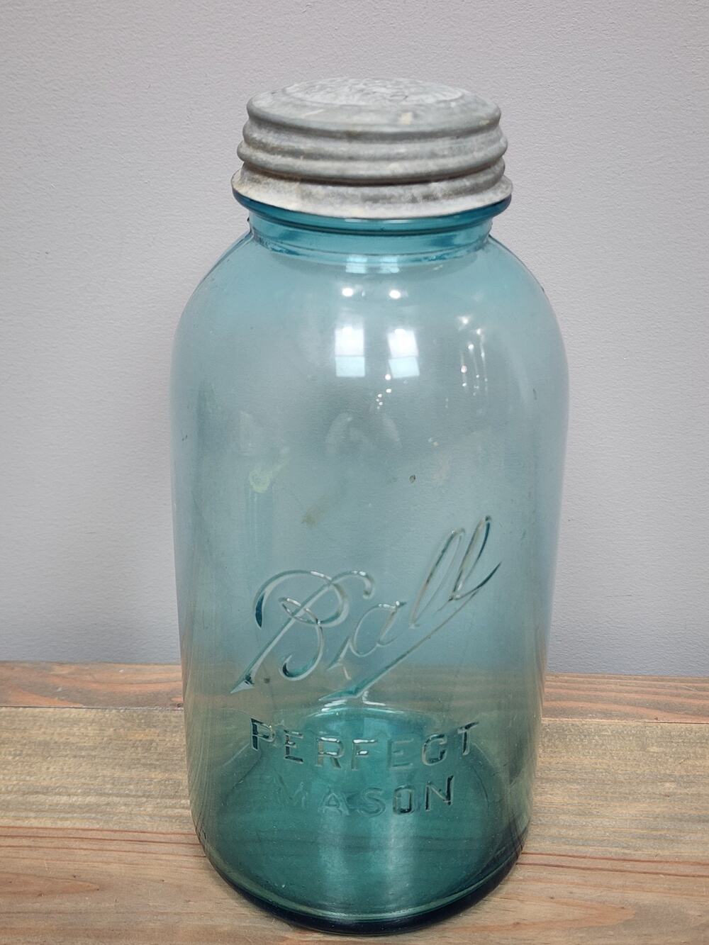 Antique Blue Ball Perfect Mason Jar 1910-1923 Half Gallon With Zinc Lid